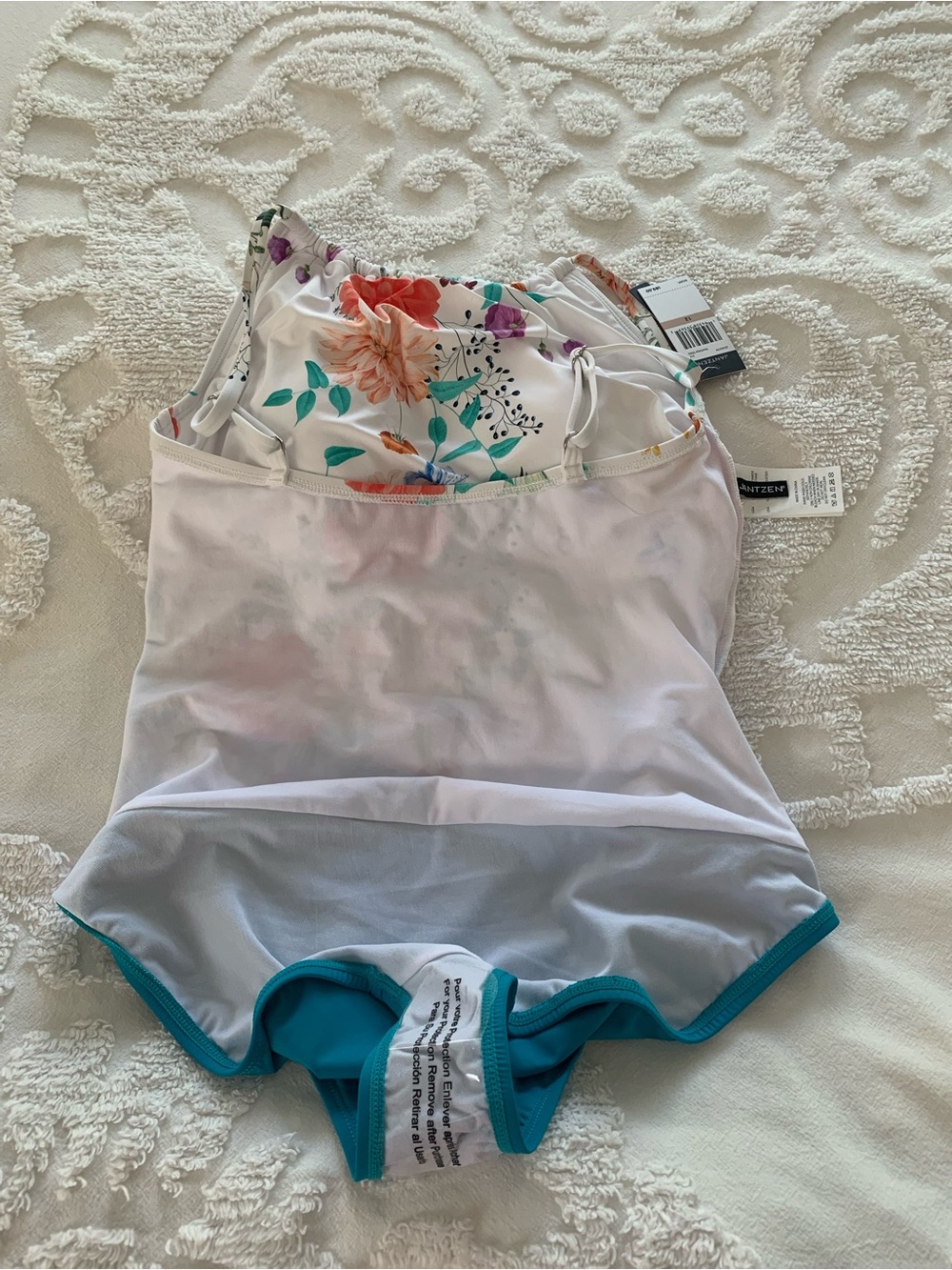 NWT Jantzen Swimsuit: 1-Piece White/Teal Multicolor Floral Top, Ruched Center 12 - Picture 11 of 15
